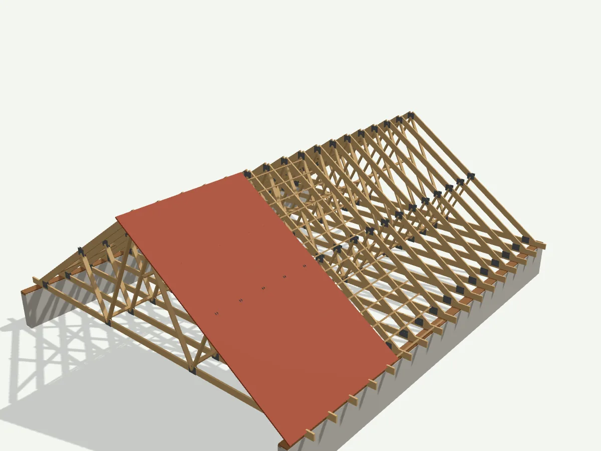 Charpente en fermettes en 3D : fermettes en W tous les 60 cm avec connecteurs métalliques, liteaux et couverture en tuiles