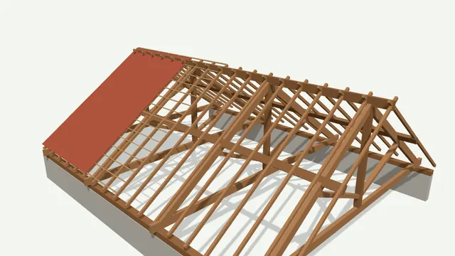 Charpente traditionnelle avec fermes, pannes et chevrons en 3D